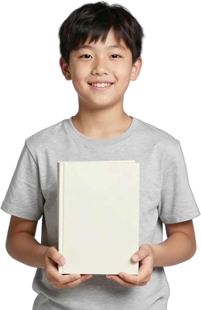 A smiling boy holding a stack of books