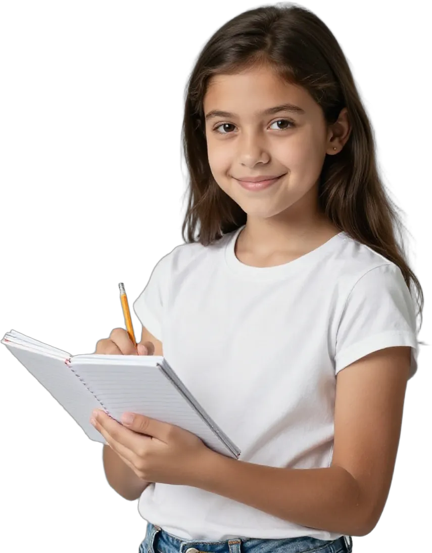 A young girl holding a notebook and a pencil