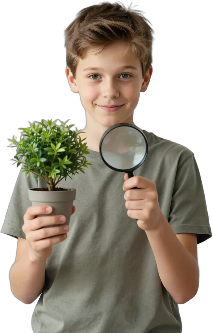 A curious boy studying a small plant through a magnifying glass