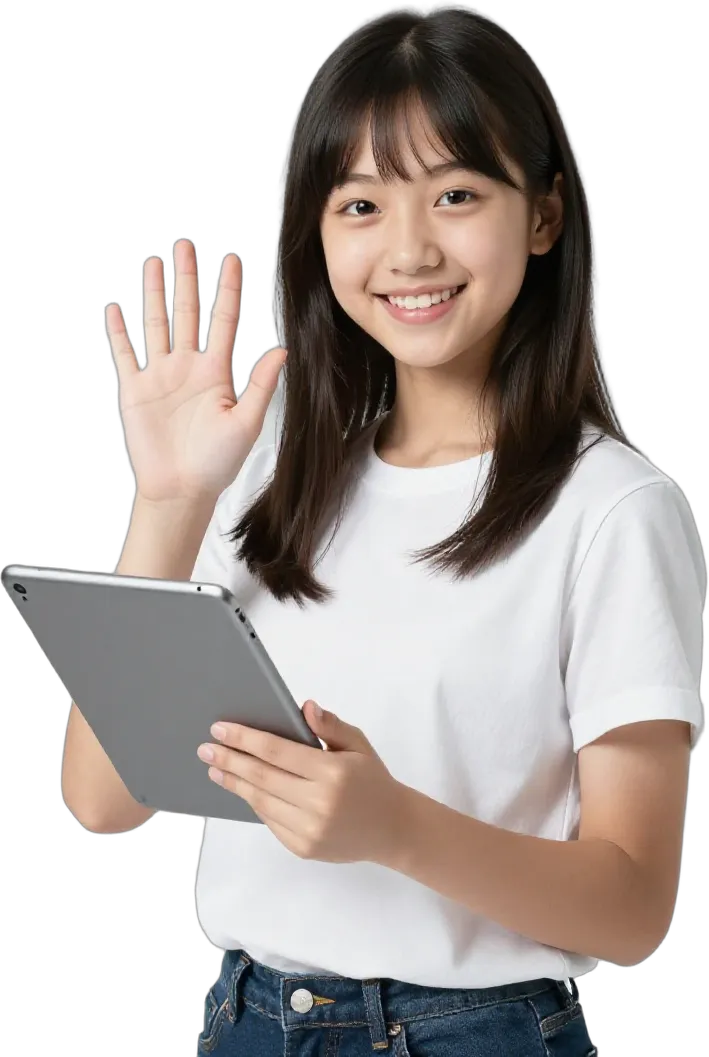 A girl waving at classmates on her tablet