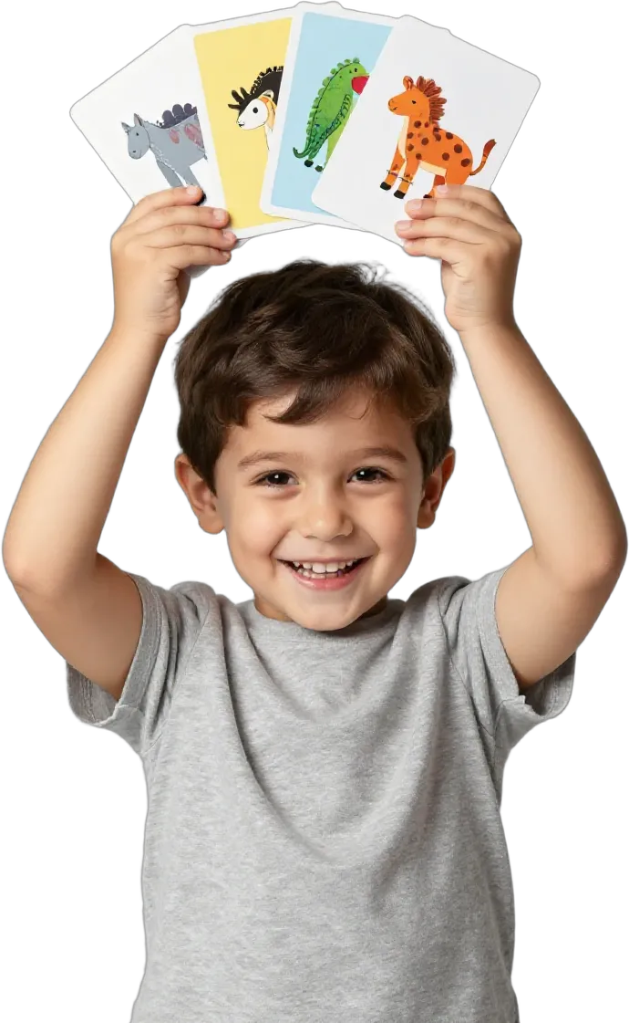 A giggling young boy holding up colourful animal picture cards