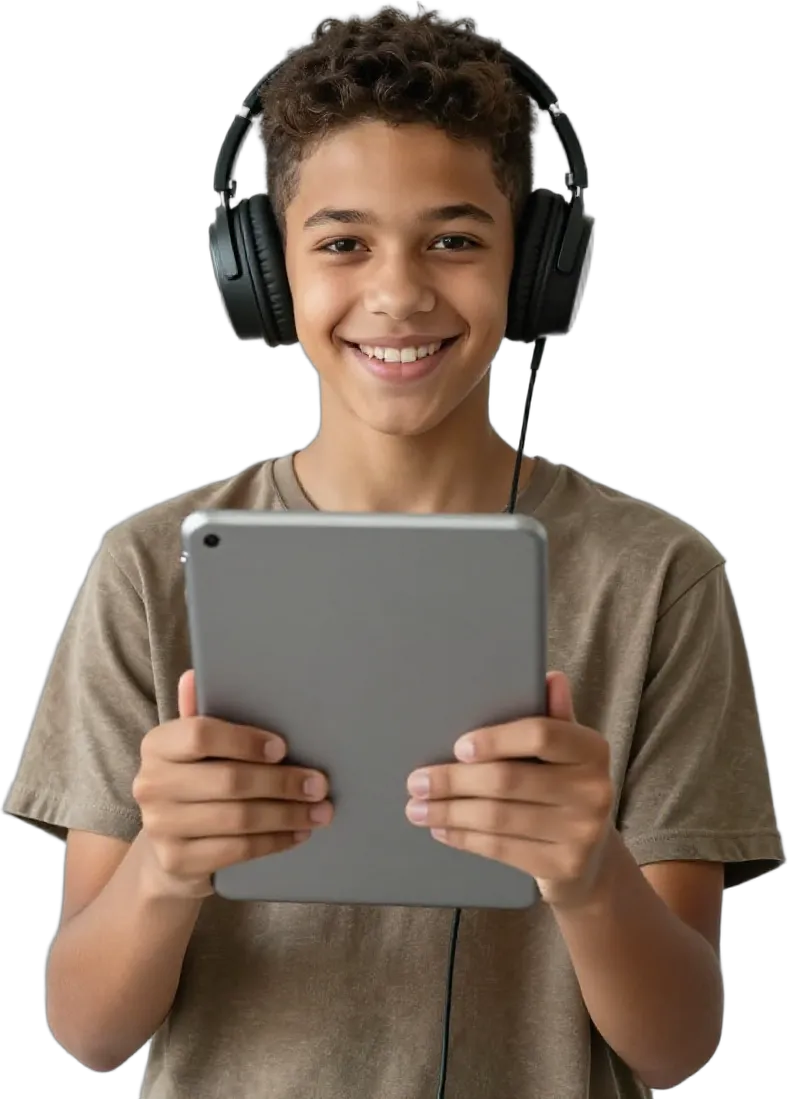 A teenage boy with headphones holding a tablet