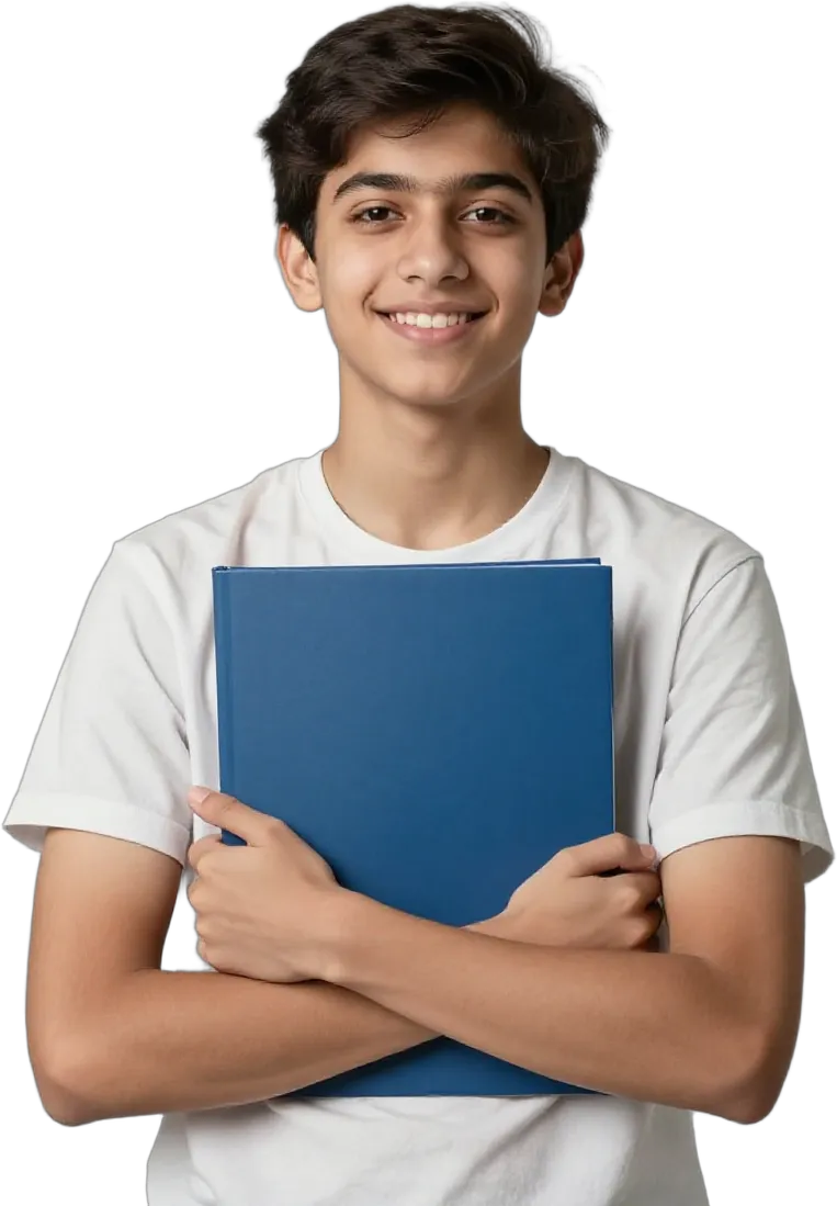 A teenage boy holding a folder