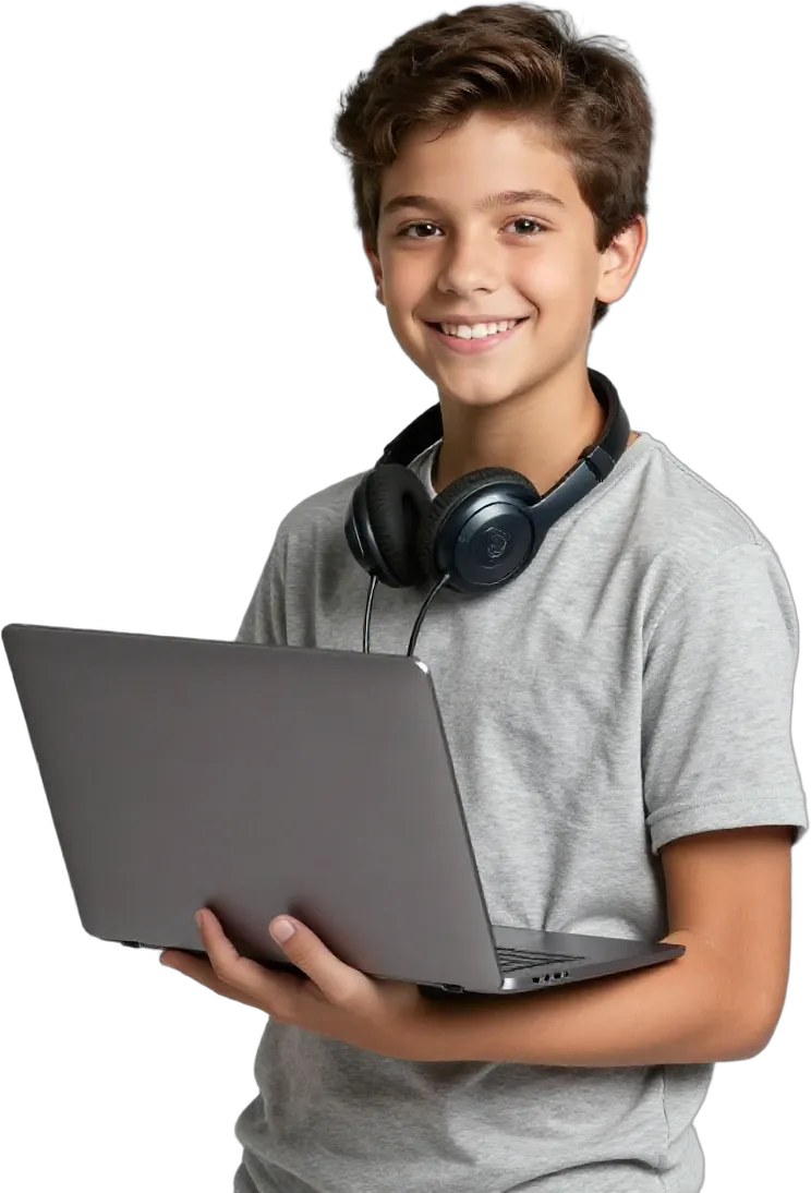 A cheerful boy holding his laptop, headset and notebook