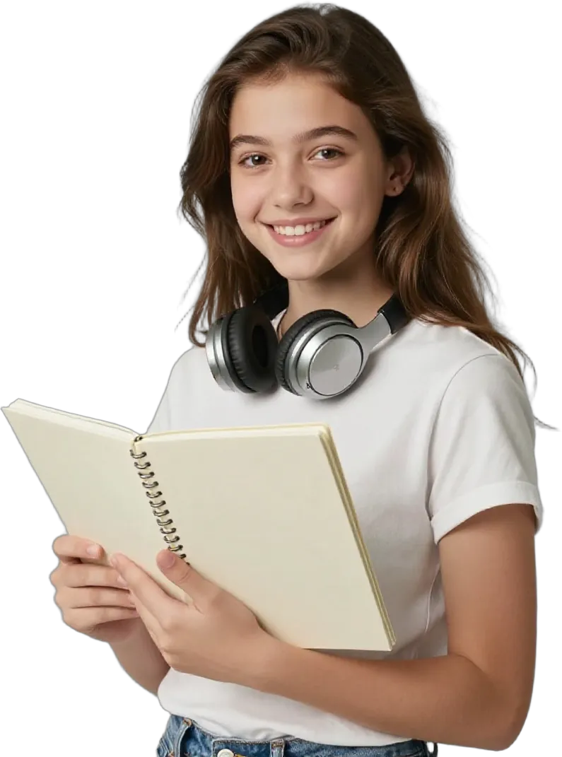 A smiling teenage girl with headphones holding a notebook