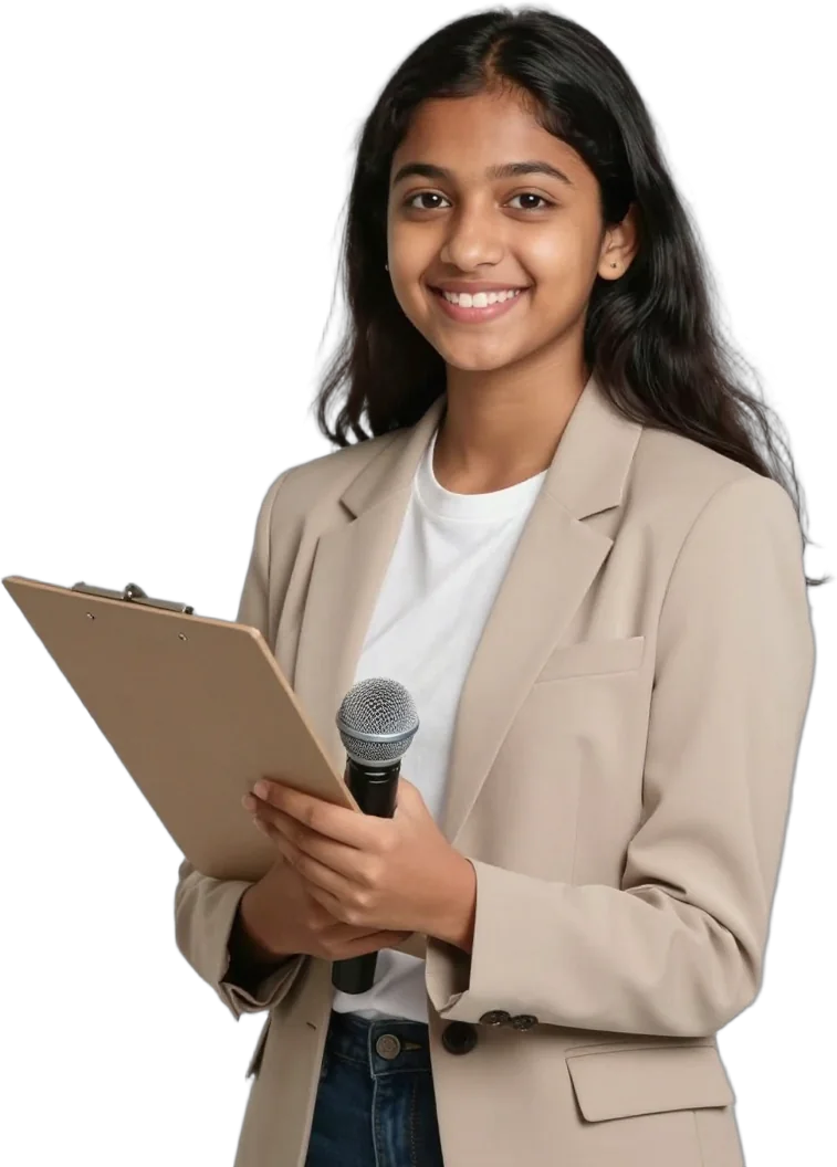 A confident student council leader holding a clipboard and a microphone