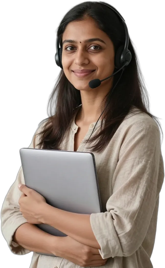 A smiling teacher in a headset holding her laptop