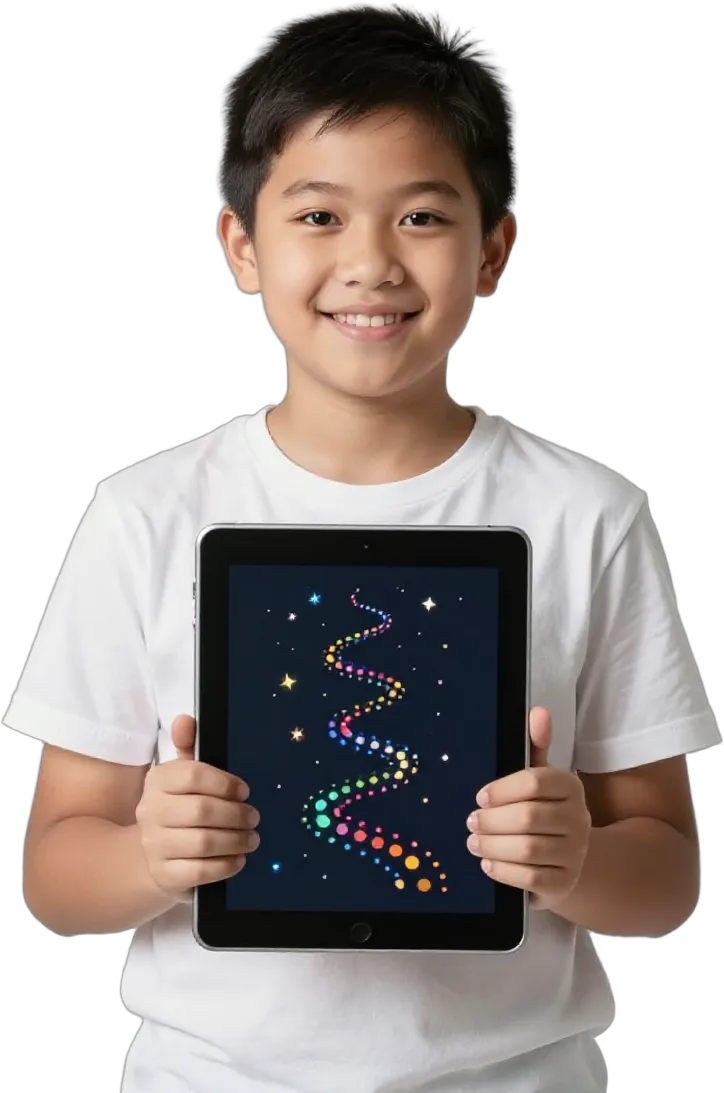 A proud boy showing his learning path on a tablet