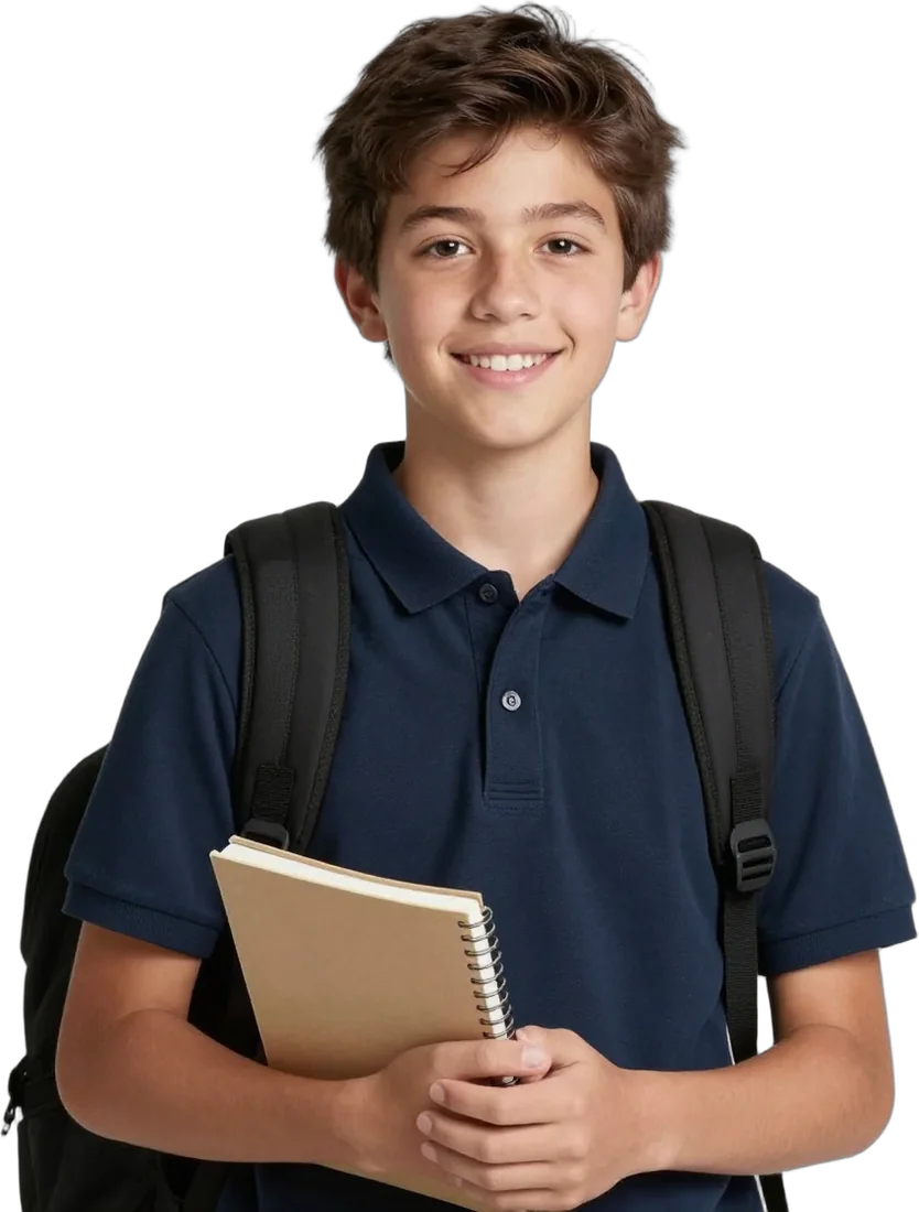 A confident boy with a backpack holding a notebook