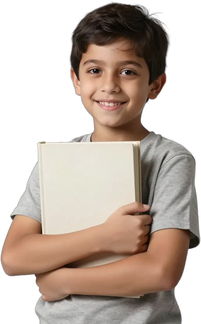 A smiling young learner hugging a book