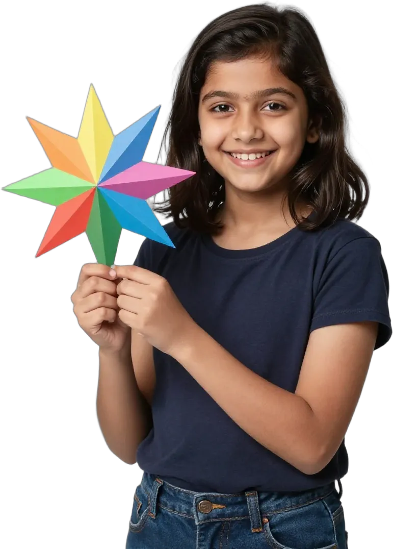 A joyful girl holding a colourful paper star
