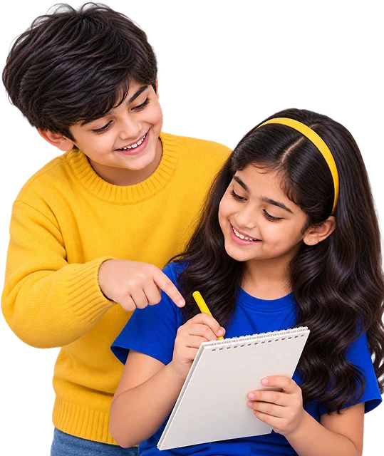 Two 21K School learners working together on a notepad