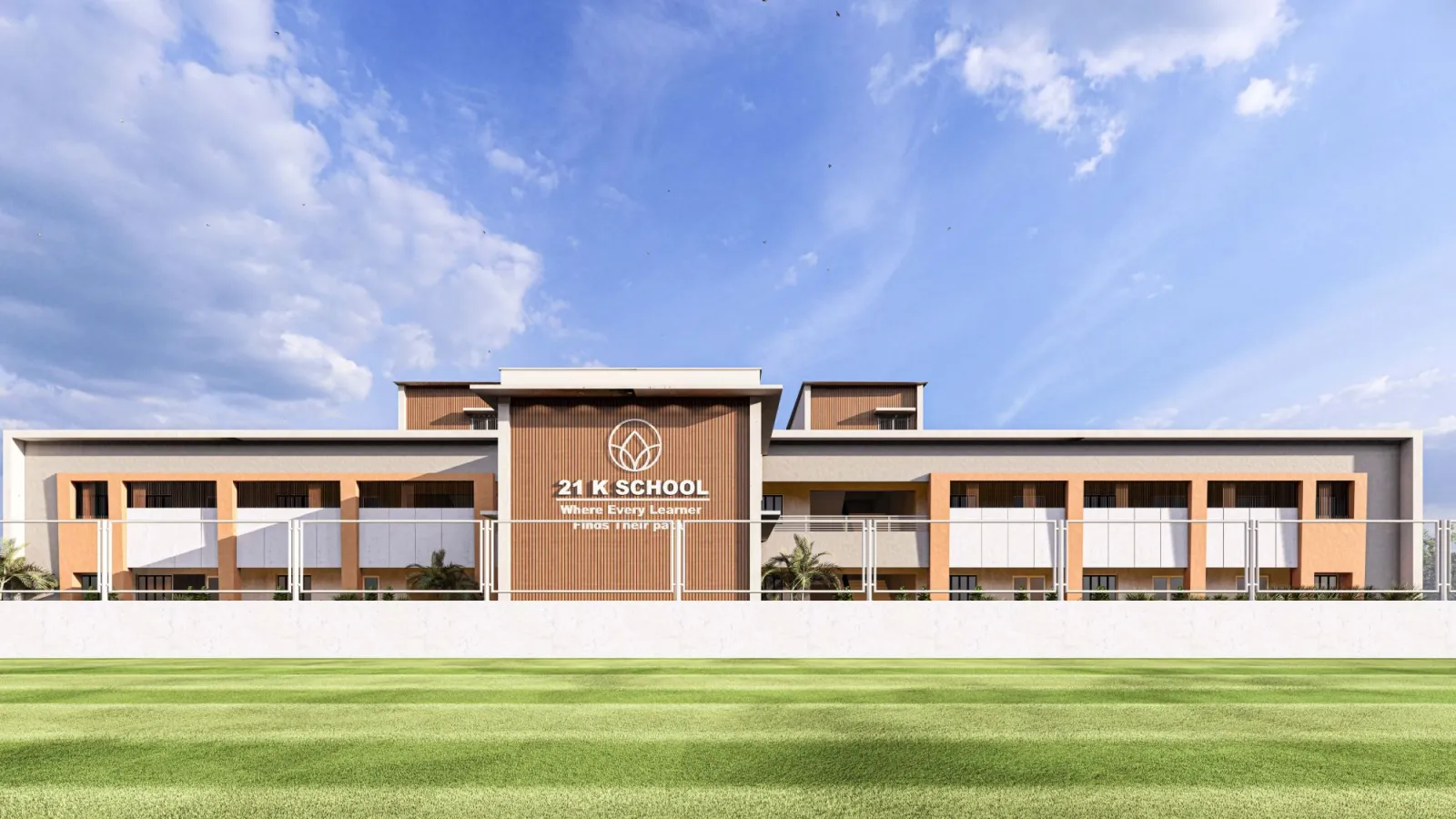 21K School, Puducherry — front elevation of the campus building