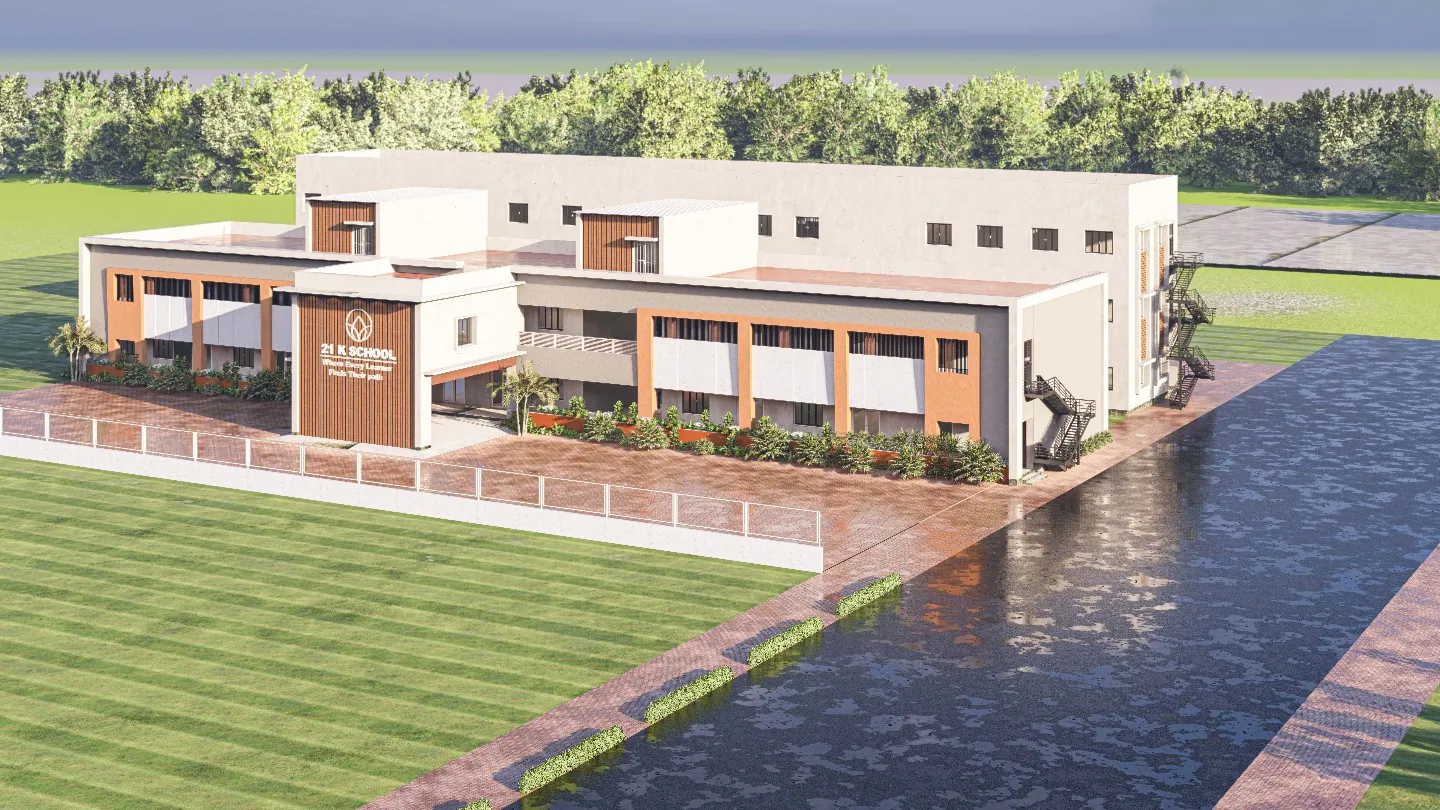 21K School campus building in Puducherry, with its lawn and water feature