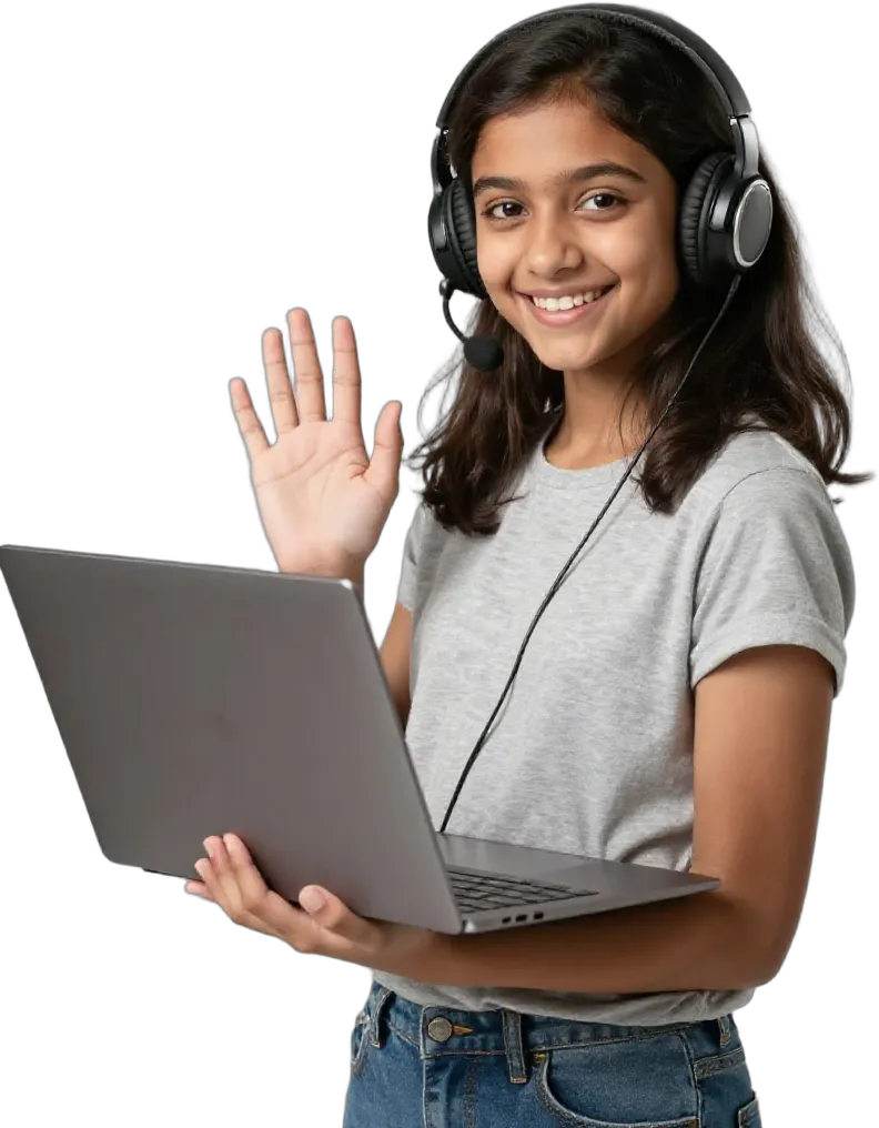 A girl in headphones waving to her live online class on a laptop