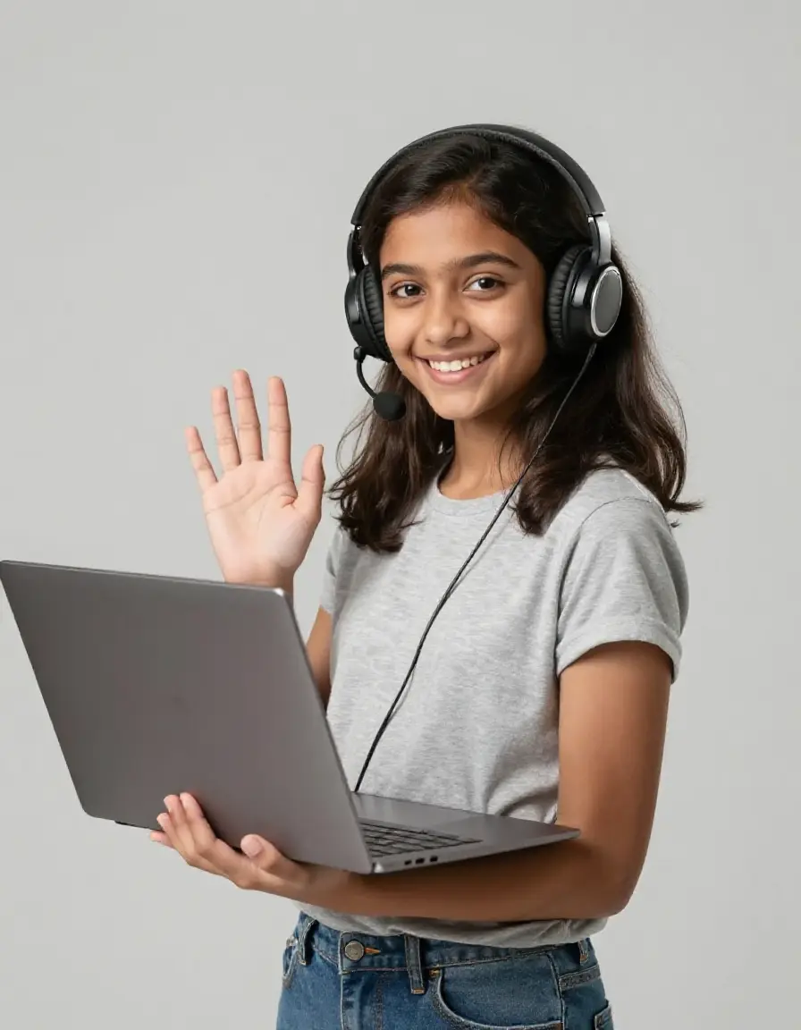 A girl in headphones waving to her live online class on a laptop