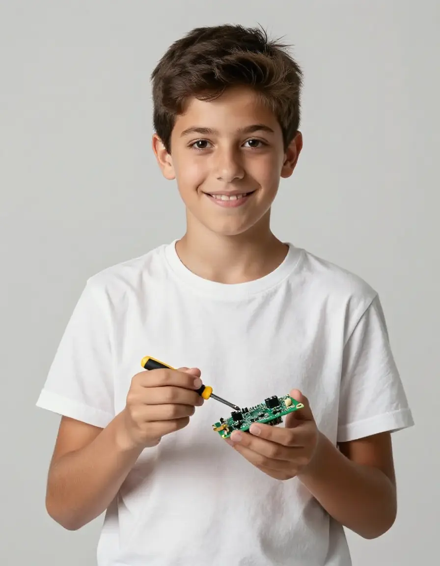 A boy holding a circuit board and screwdriver at the Learning Garage