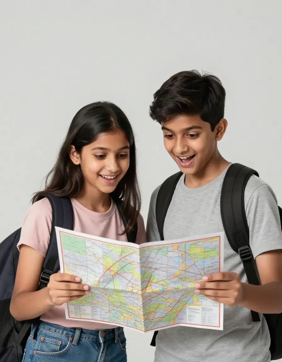 Two learners with backpacks holding a map on a school trip