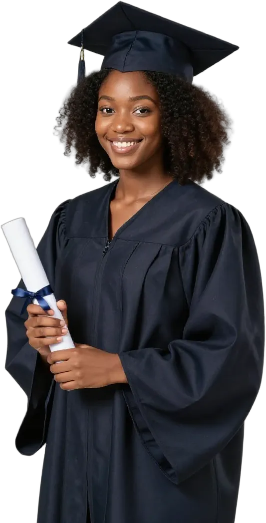 A proud graduate in her gown holding a rolled diploma