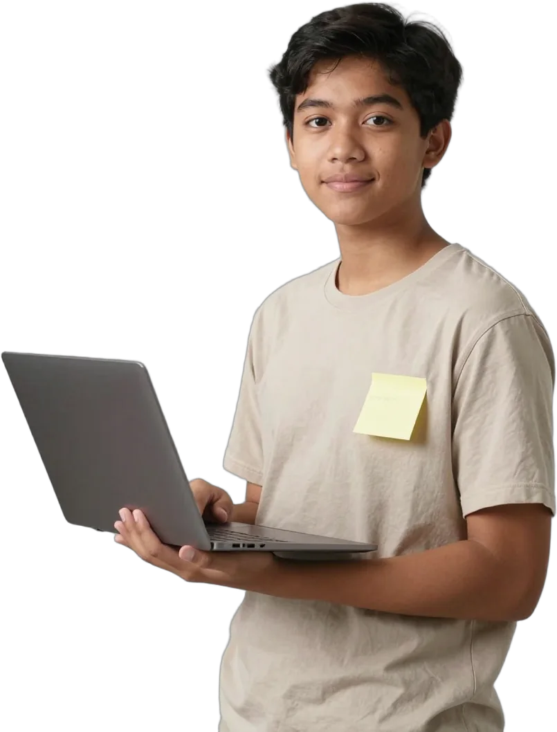 A teenage boy presenting with a laptop and sticky notes