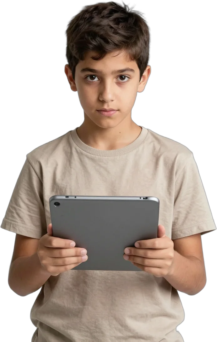 A boy concentrating on a quiz on his tablet