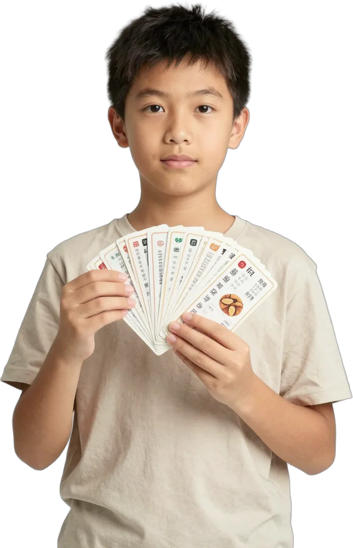 A boy holding up a fan of language flashcards