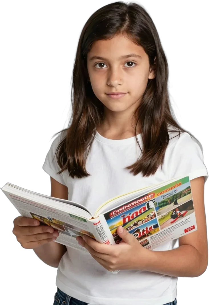 A girl holding an open picture dictionary