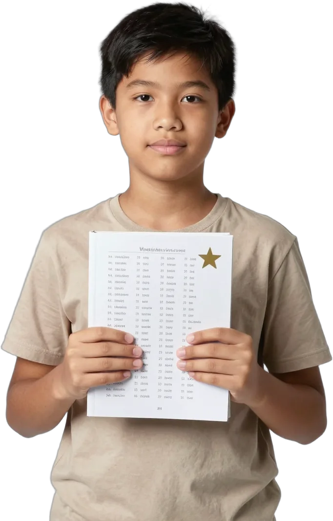A boy proudly holding up his language workbook