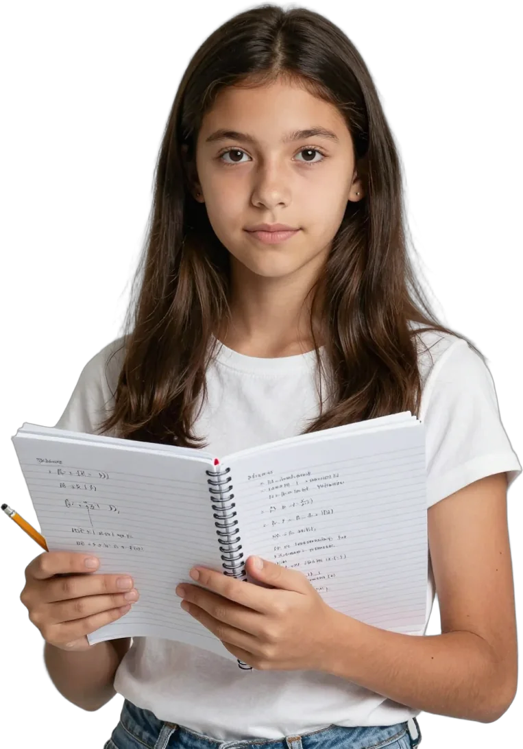 A girl holding a notebook of solved problems