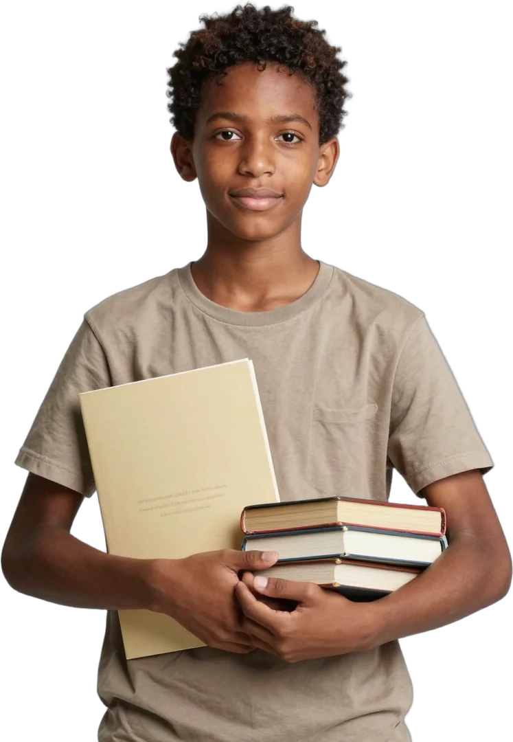 A teenage boy holding books and a certificate folder