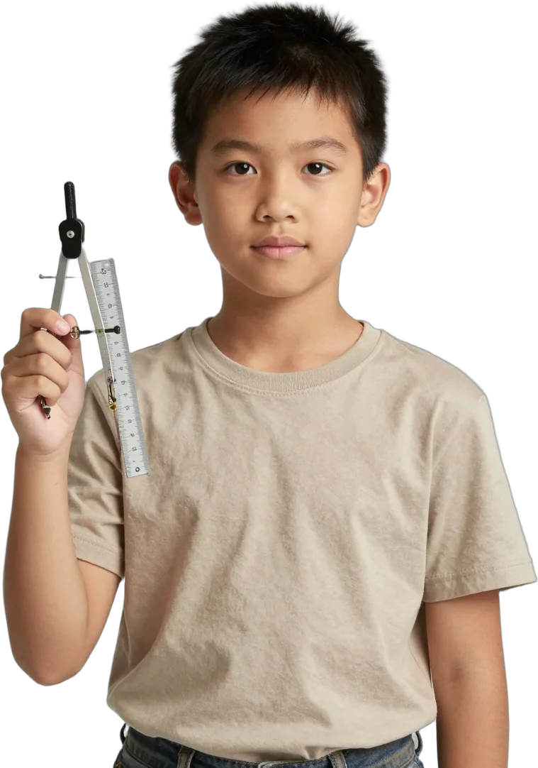 A boy holding a compass and a ruler