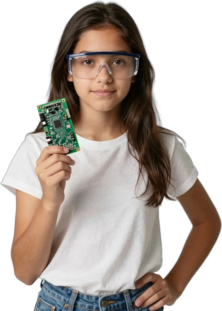 A teenage girl in safety glasses showing a circuit board