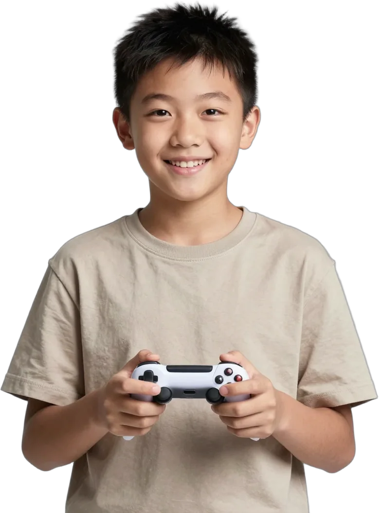 A boy holding a game controller and grinning