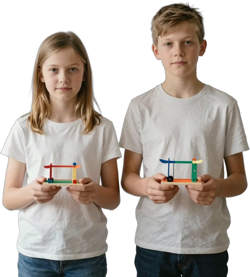 Two siblings holding the projects they built