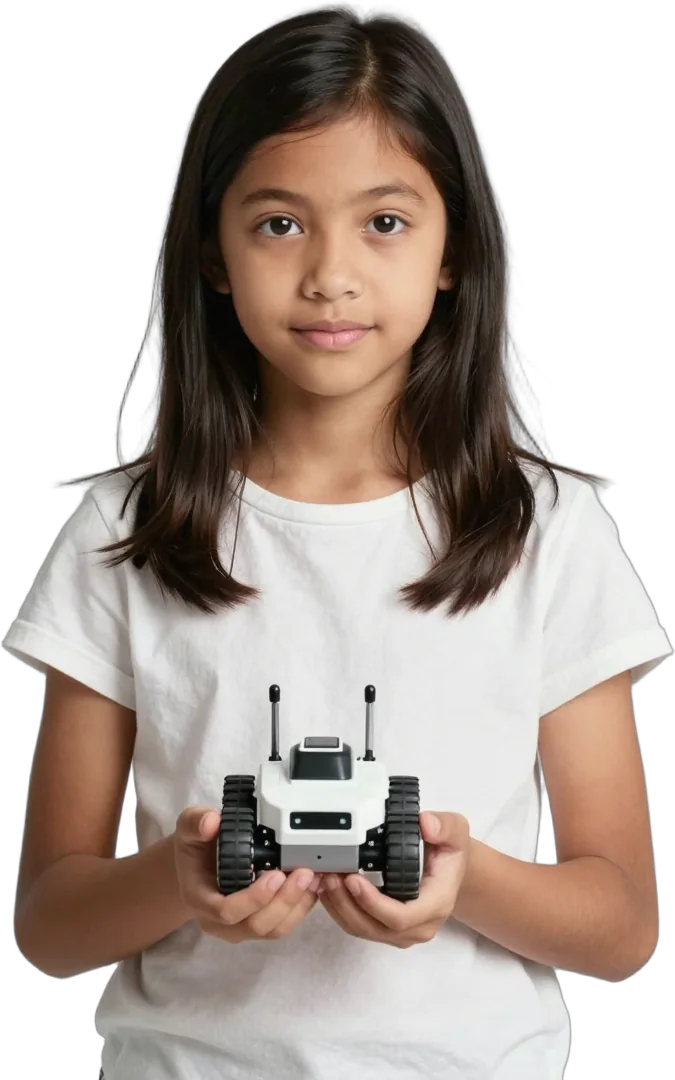 A girl holding a small line-following robot