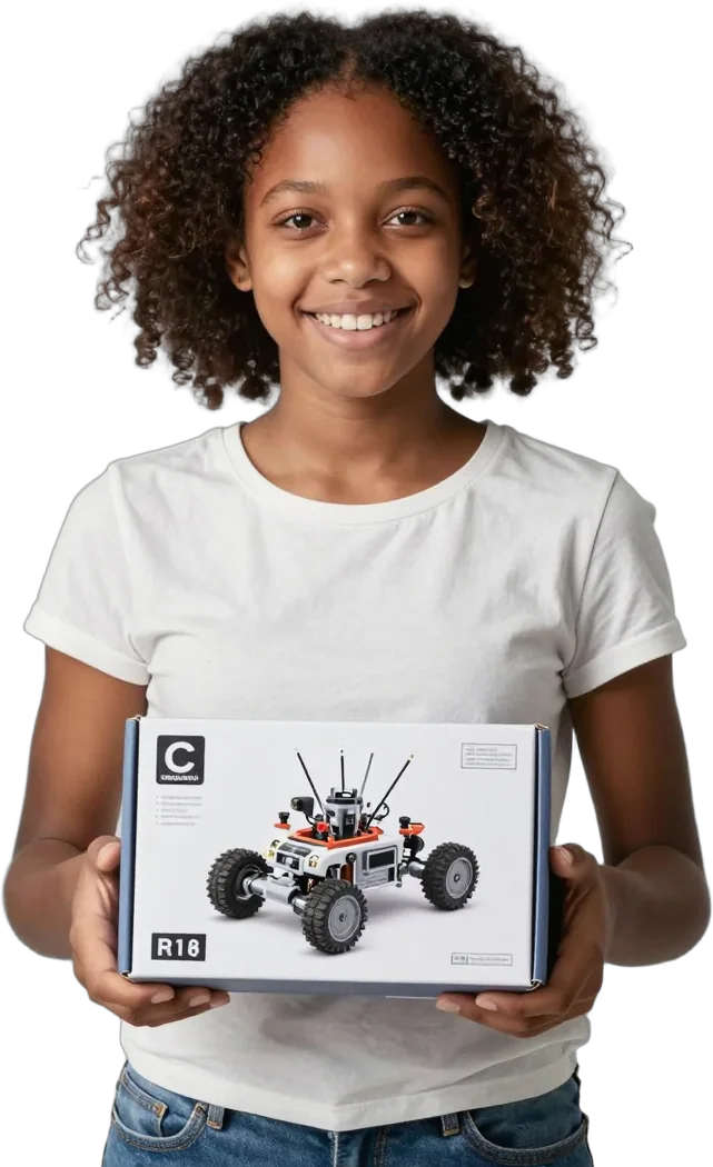 A girl holding a new robotics kit box