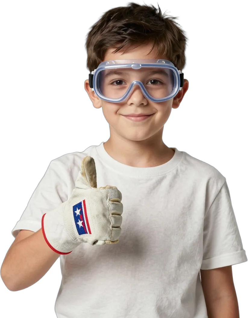 A boy in safety goggles and gloves giving a thumbs up