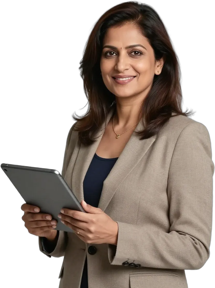 A smiling school leader holding a tablet