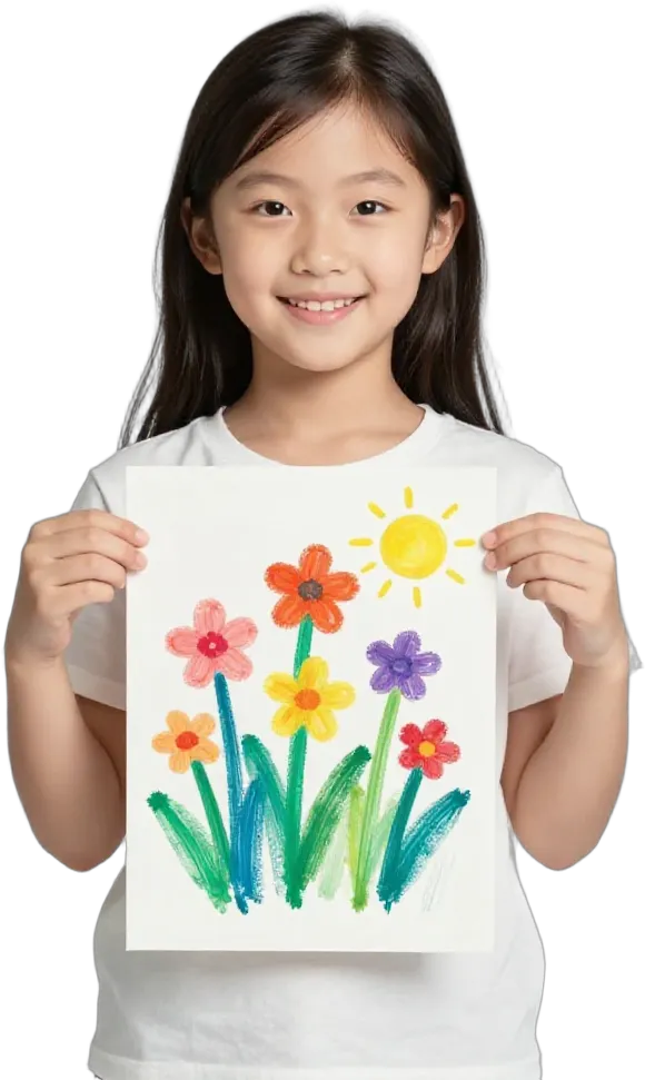 A delighted girl holding up her colourful painting