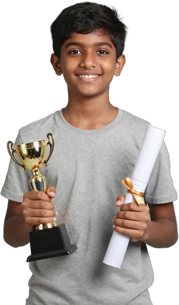 A proud boy holding a trophy and a rolled certificate
