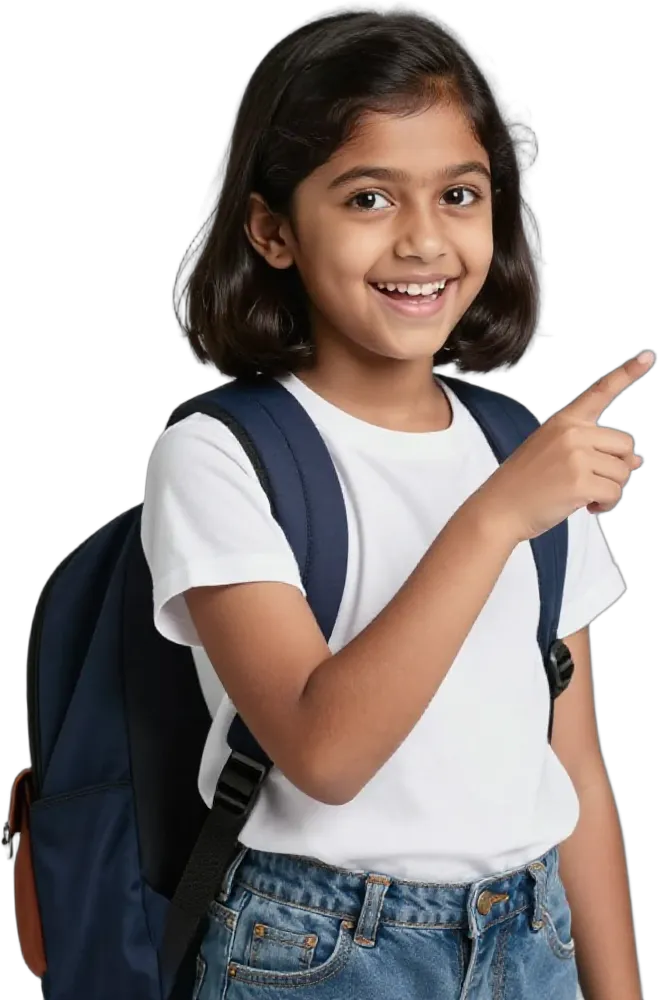 A delighted girl with a school backpack pointing ahead on a campus visit