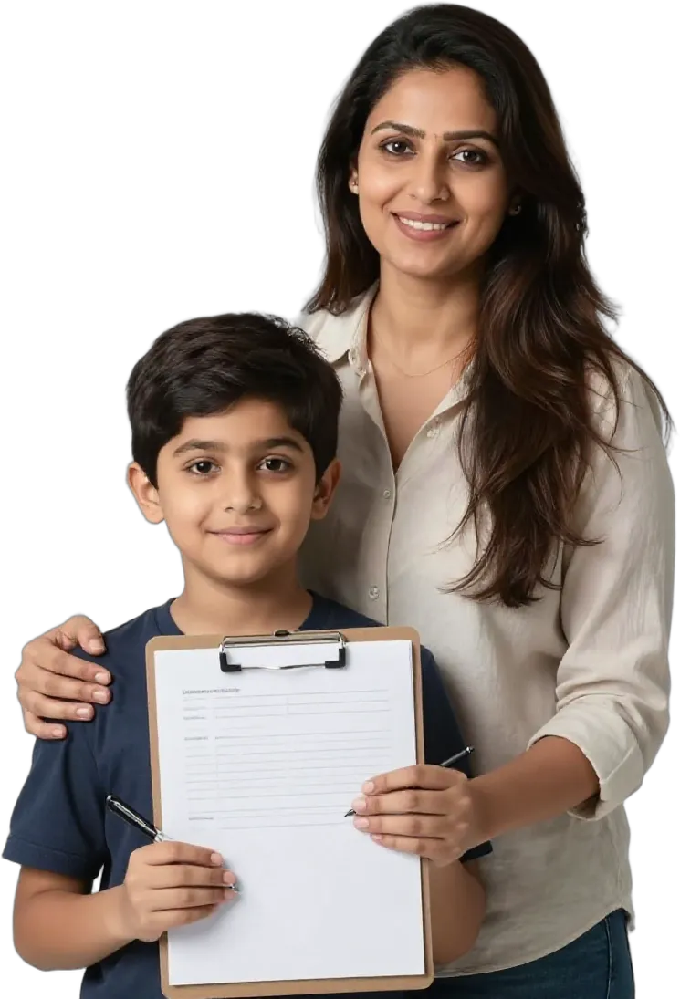 A mother filling in a school form on a clipboard with her young son beside her