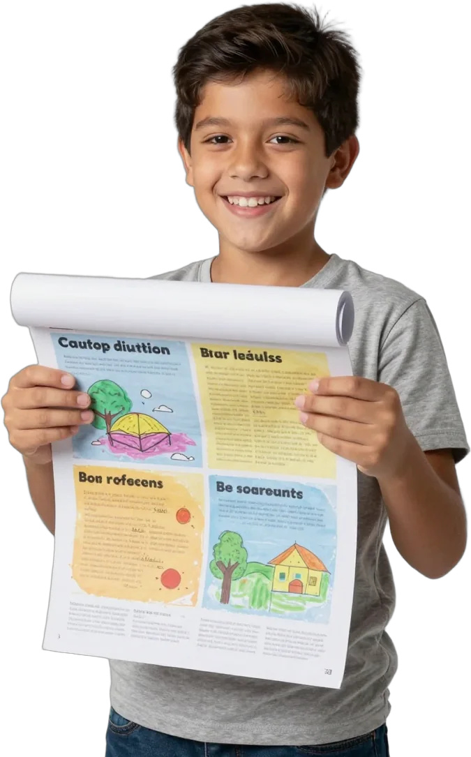 A boy holding up his colourful poster project