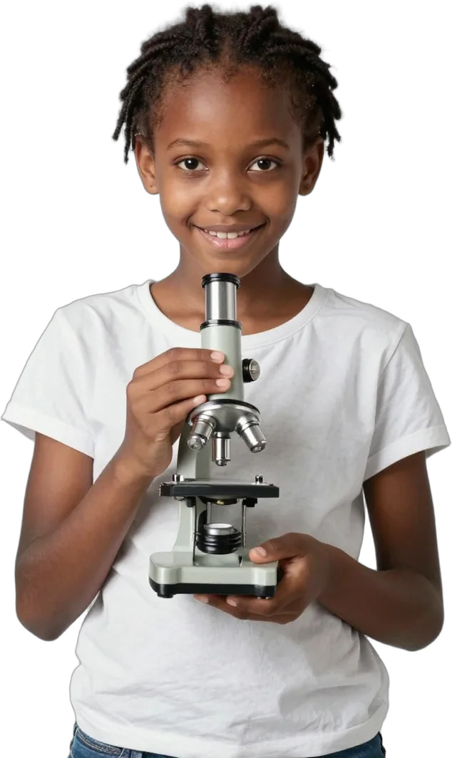 A girl holding a small microscope and smiling