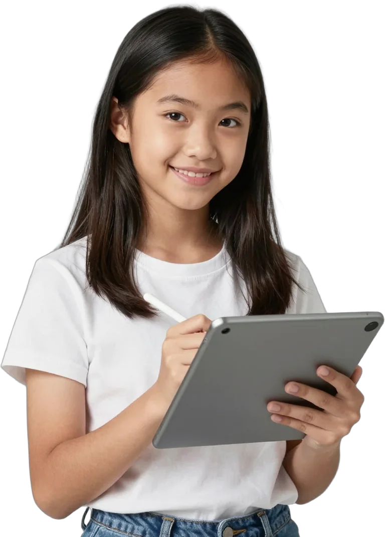 A girl drawing on a tablet with a stylus