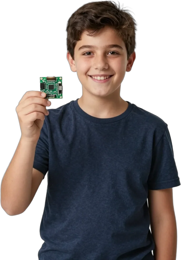 A boy holding up a circuit board with a glowing LED