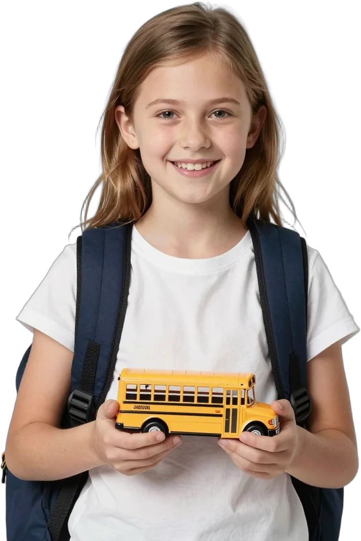 A girl with a backpack holding a toy school bus