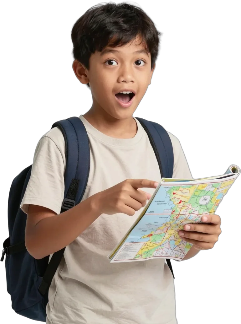 A boy with a backpack pointing at an open map
