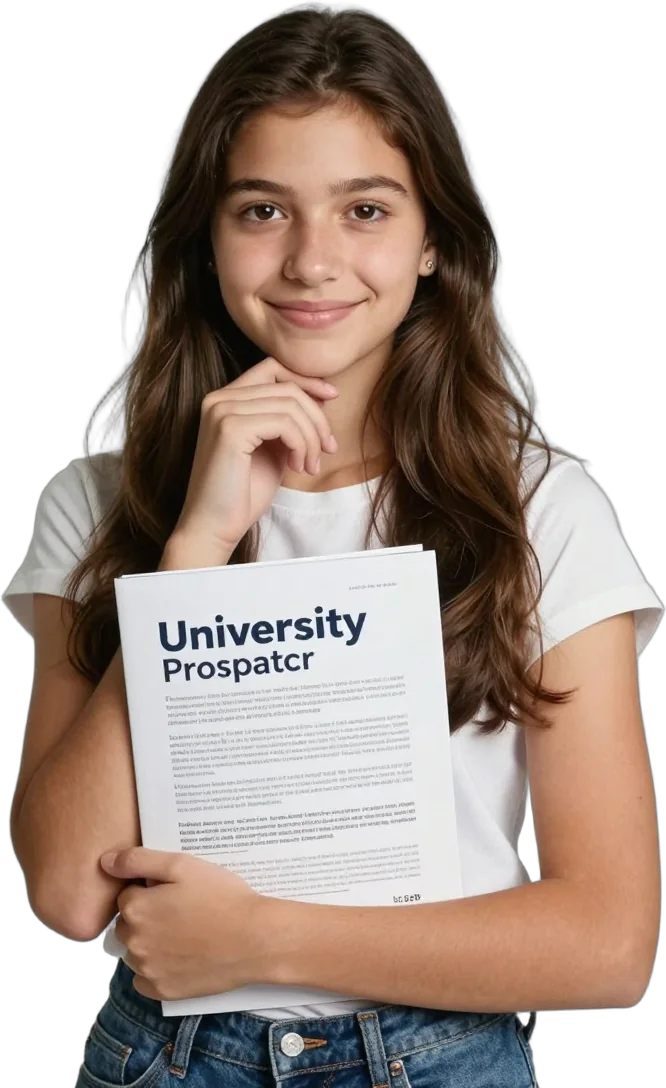 A teenage girl holding a university brochure