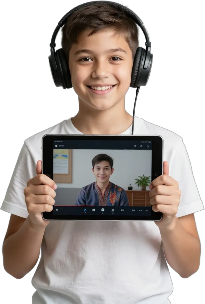 A smiling boy with headphones holding a tablet
